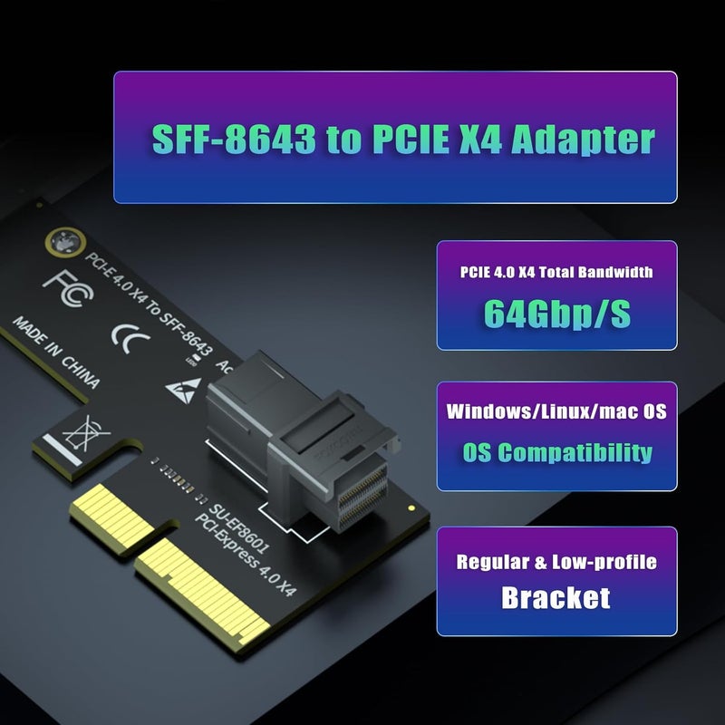 GLOTRENDS SF01 SFF-8643(Mini-SAS HD) to PCIE 4.0 X4 Adapter Card, Regular and Low-profible Bracket - Image 2